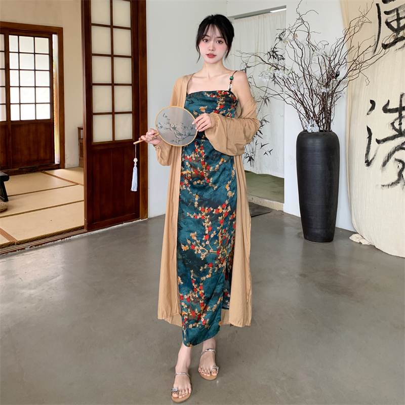 Plus Size Oriental Modern Drape Dress and Long Cardigan Set