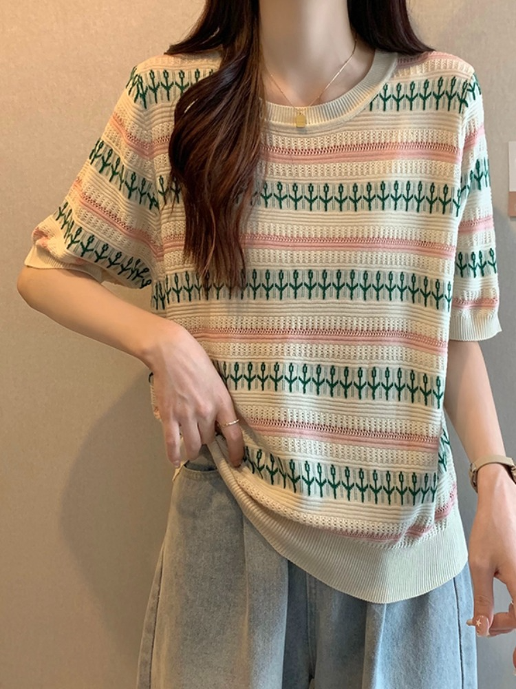 Plus Size Pastel Knit Stripe Short Sleeve Top