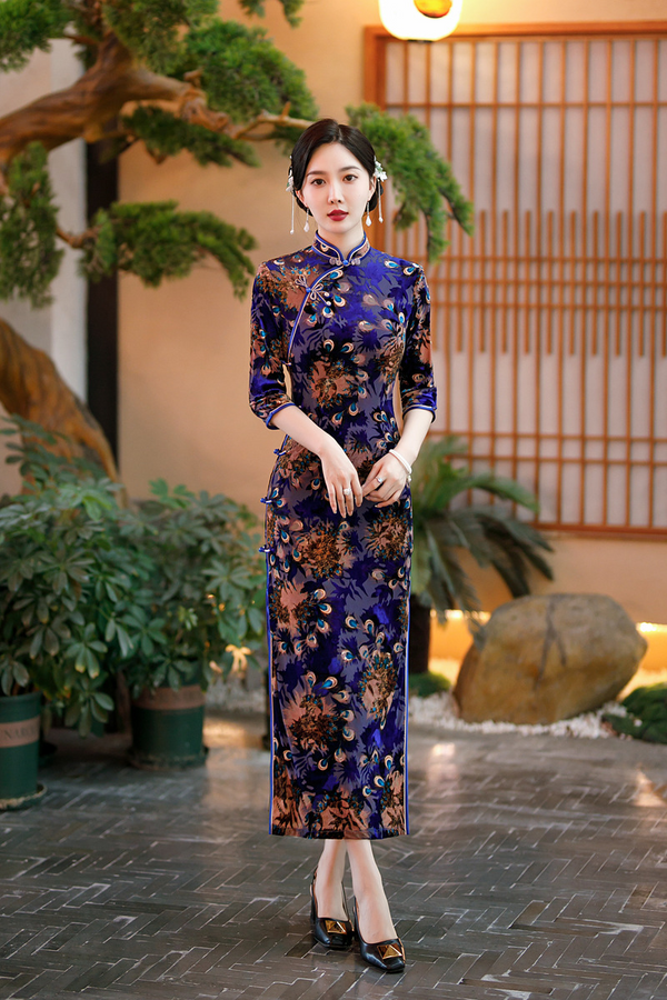 Plus Size Peacock Print Cheongsam Slim Fit Dress