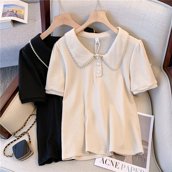 Plus Size Korean Pearl Polo T Shirt Blouse