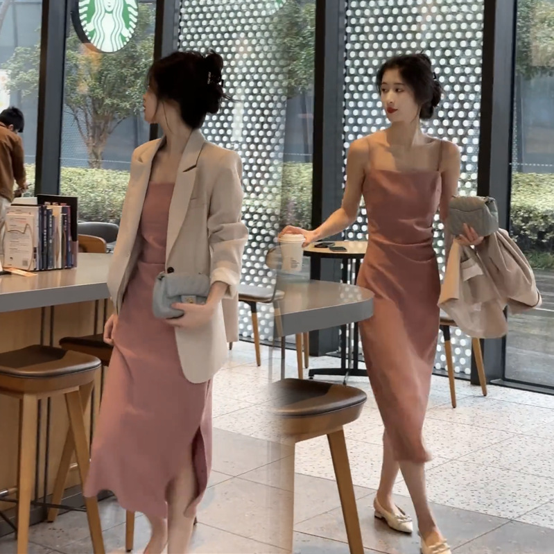 Plus Size Pink Cami Dress And Khaki Blazer Set - Main Image