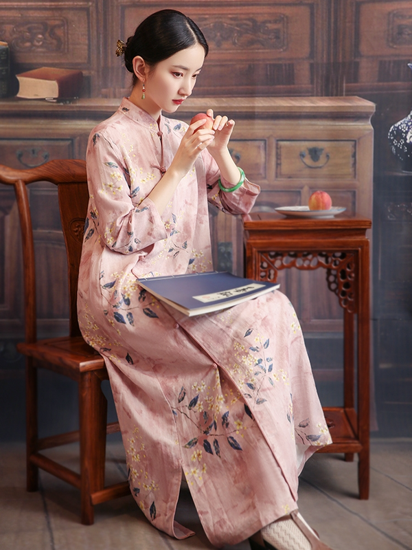 Plus Size Pink Chinese Oriental Cheongsam Long Sleeve Dress