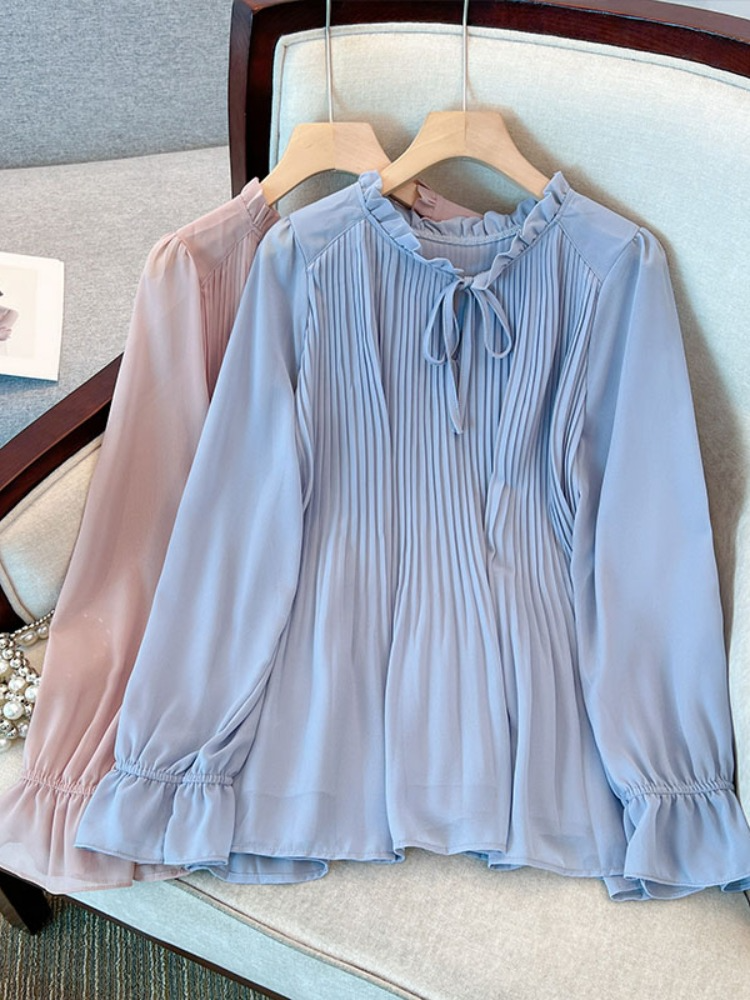 Plus Size Pleat Chiffon Ribbon Boho Long Sleeve Blouse