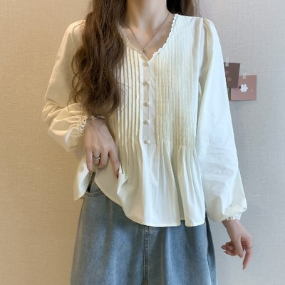 Plus Size Pleats Lace Long Sleeve Blouse