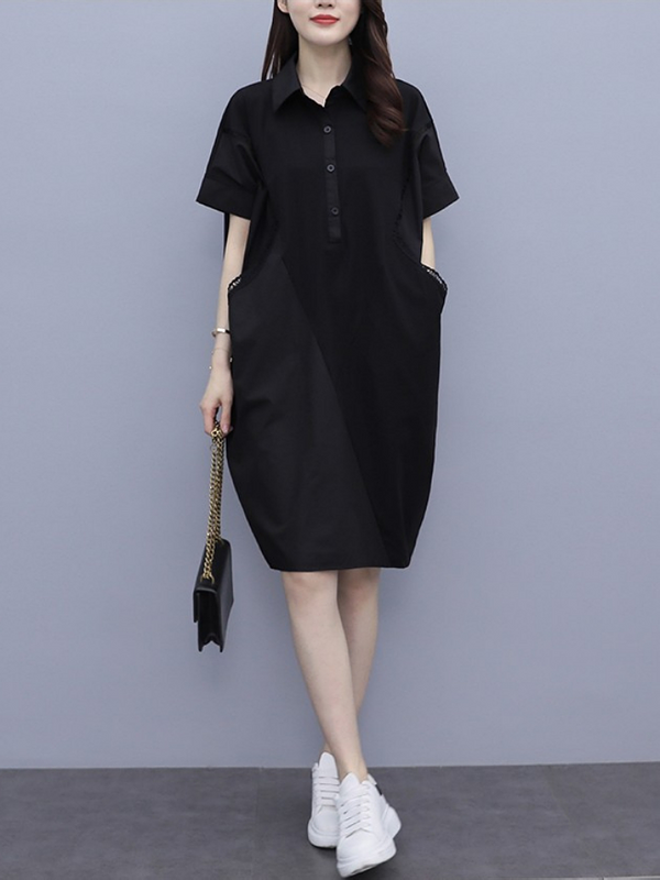 Plus Size Pockets Black Shirt Dress
