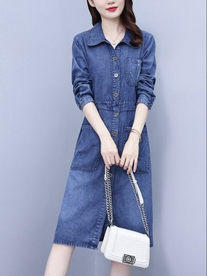 Plus Size Pockets Denim Long Sleeve Shirt Dress Blue XL