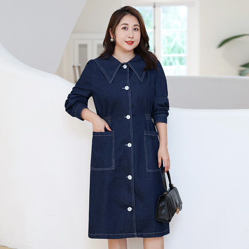 Plus Size Preppy Denim Long Sleeve Shirt Dress (Extra Big Size)
