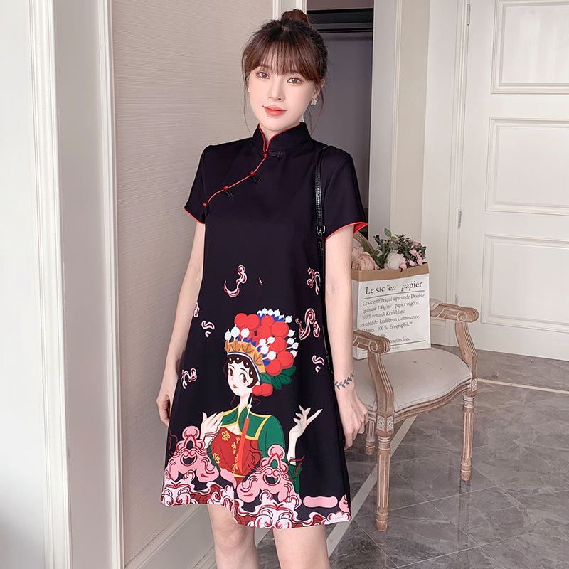 Plus Size Ethnic Girl Black Cheongsam