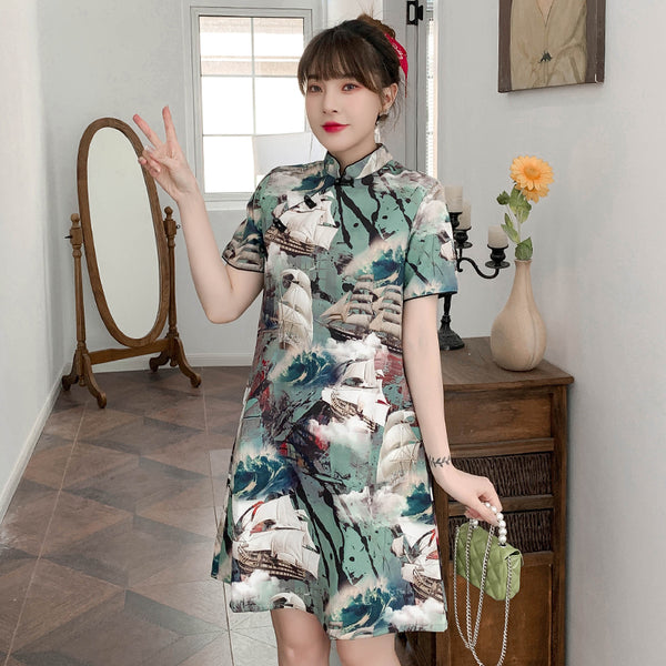 Plus Size Sail Boat Cheongsam