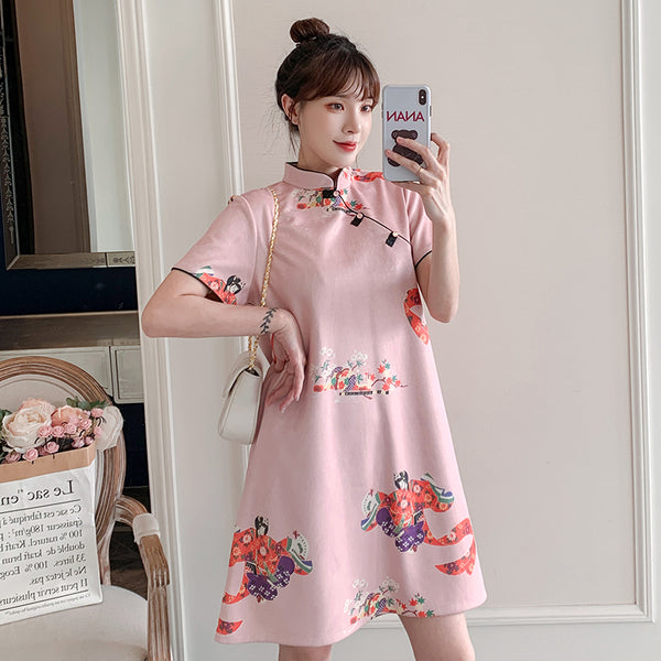 Plus Size Pink Japanese Print Cheongsam