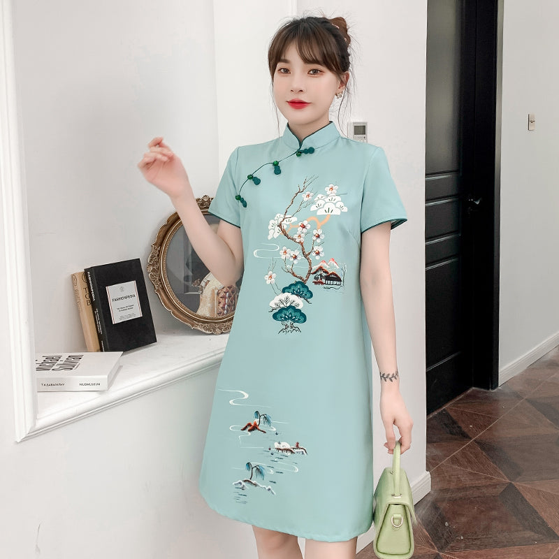 Plus Size Green Scenery Print Cheongsam