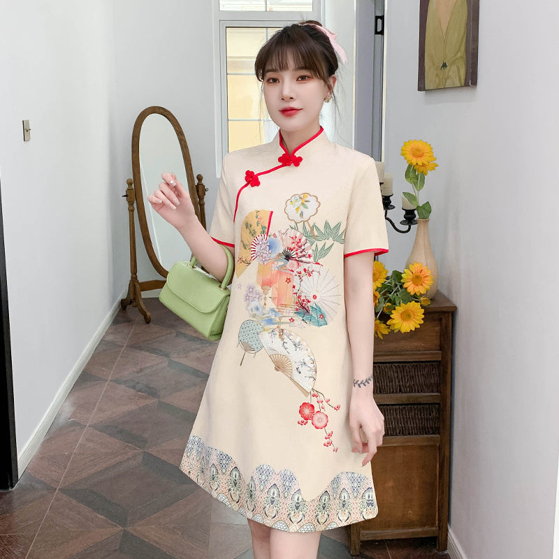Plus Size Japanese Fan Print Cheongsam