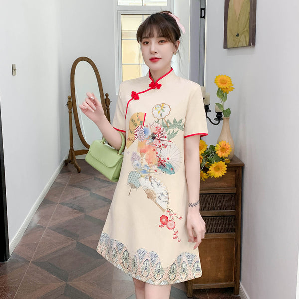 Plus Size Japanese Fan Print Cheongsam