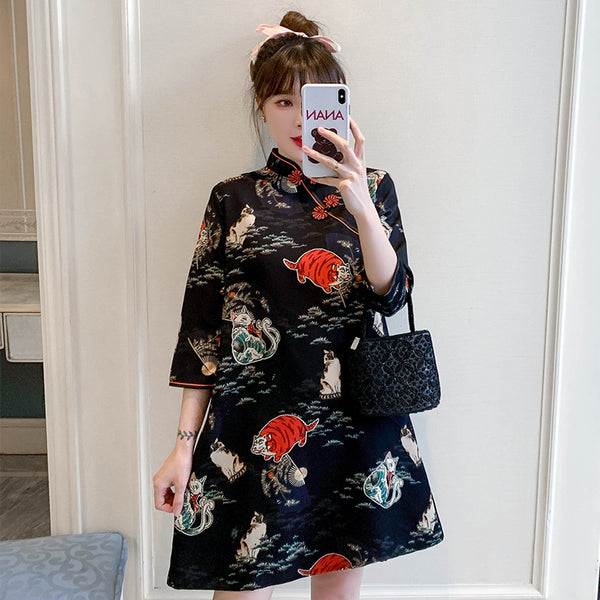 Plus Size Black Tiger Cat Print Cheongsam
