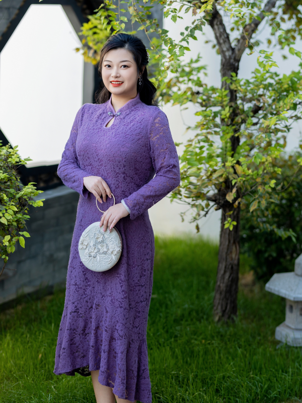 Plus Size Purple Lace Fishtail Cheongsam Dress