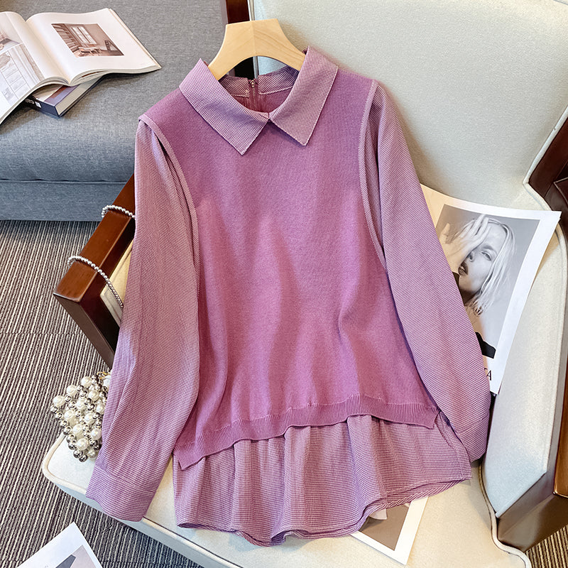 Plus Size Korean Knit Vest Checks Long Sleeve Shirt Blouse