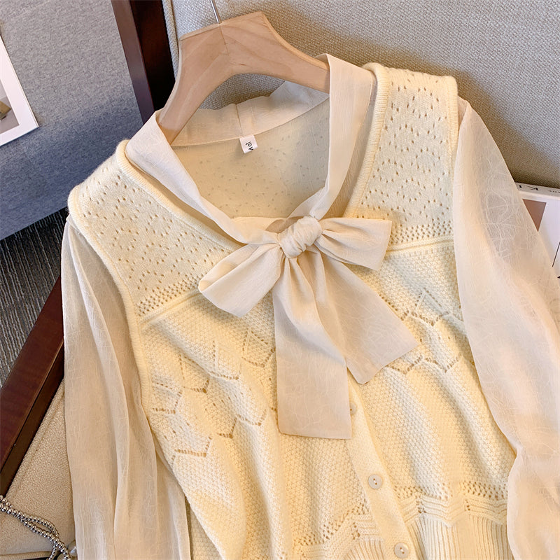 Plus Size Knit Vest and Pussybow Long Sleeve Blouse Set – Pluspreorder