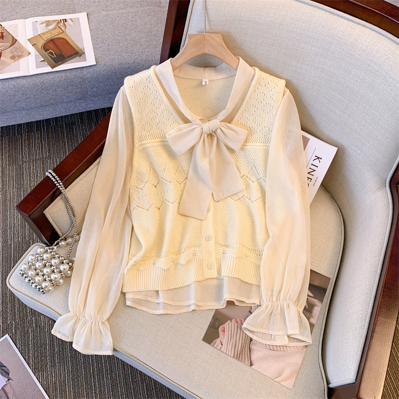 Plus Size Knit Vest and Pussybow Long Sleeve Blouse Set