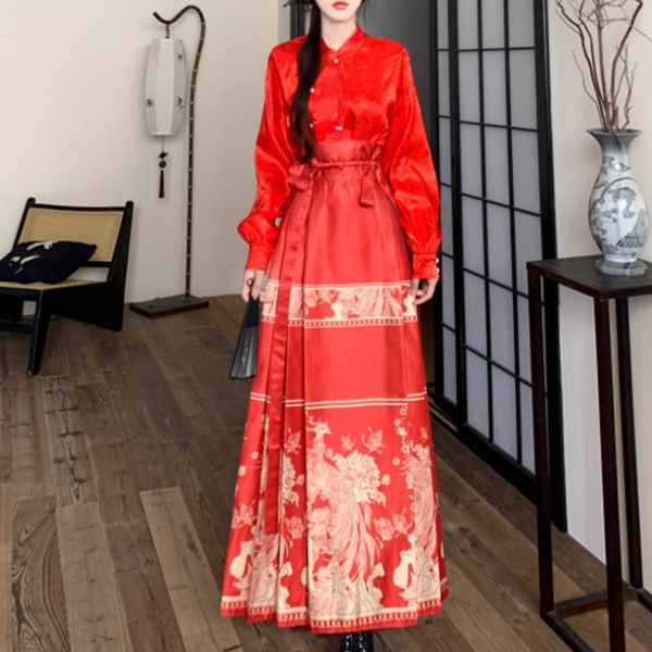 Plus Size Qipao Long Sleeve Top And Chinese Skirt Set