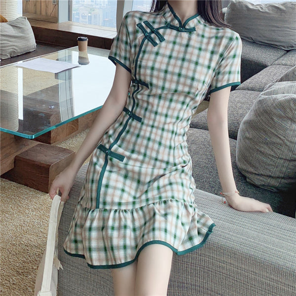 Plus Size Korean Checked Cheongsam