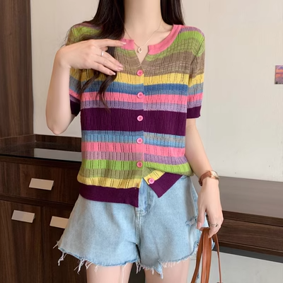 Plus Size Rainbow Stripes Notch Neck Top