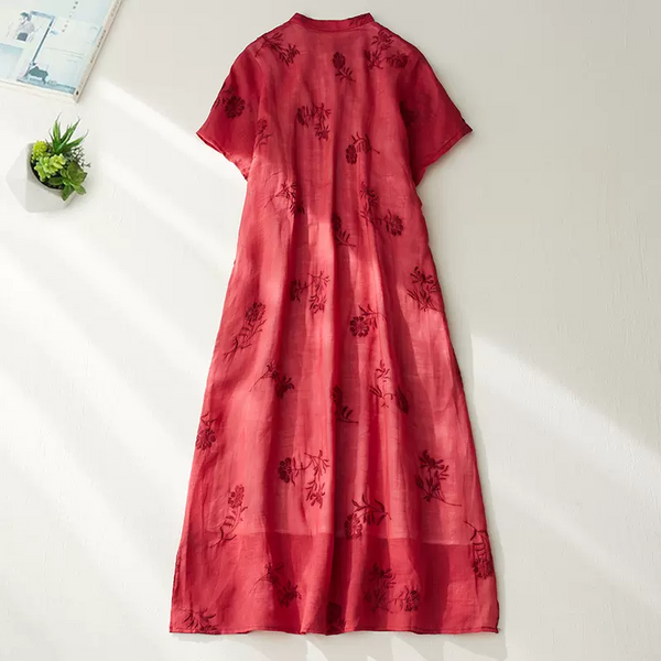 Plus Size Red Embroidery Floral Qipao Midi Dress