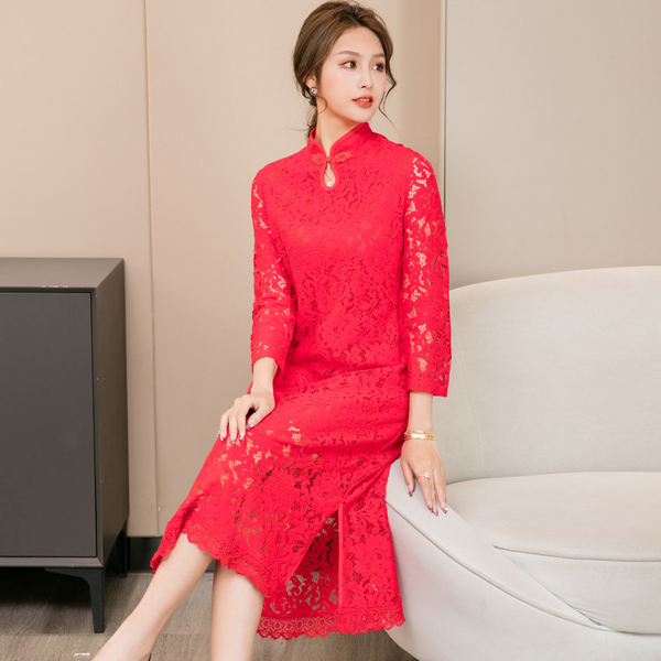 Plus Size Red Lace Cheongsam Dress (EXTRA BIG SIZE)