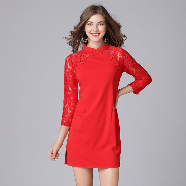 (Ready Stock XL - 1 Pc) Plus Size Red Lace Mid Sleeve Cheongsam Dress