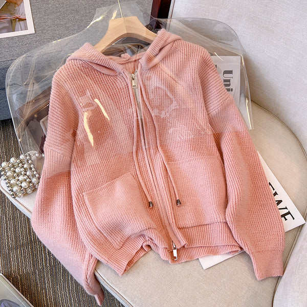 Plus Size Rib Knit Thick Hood Sweater Jacket