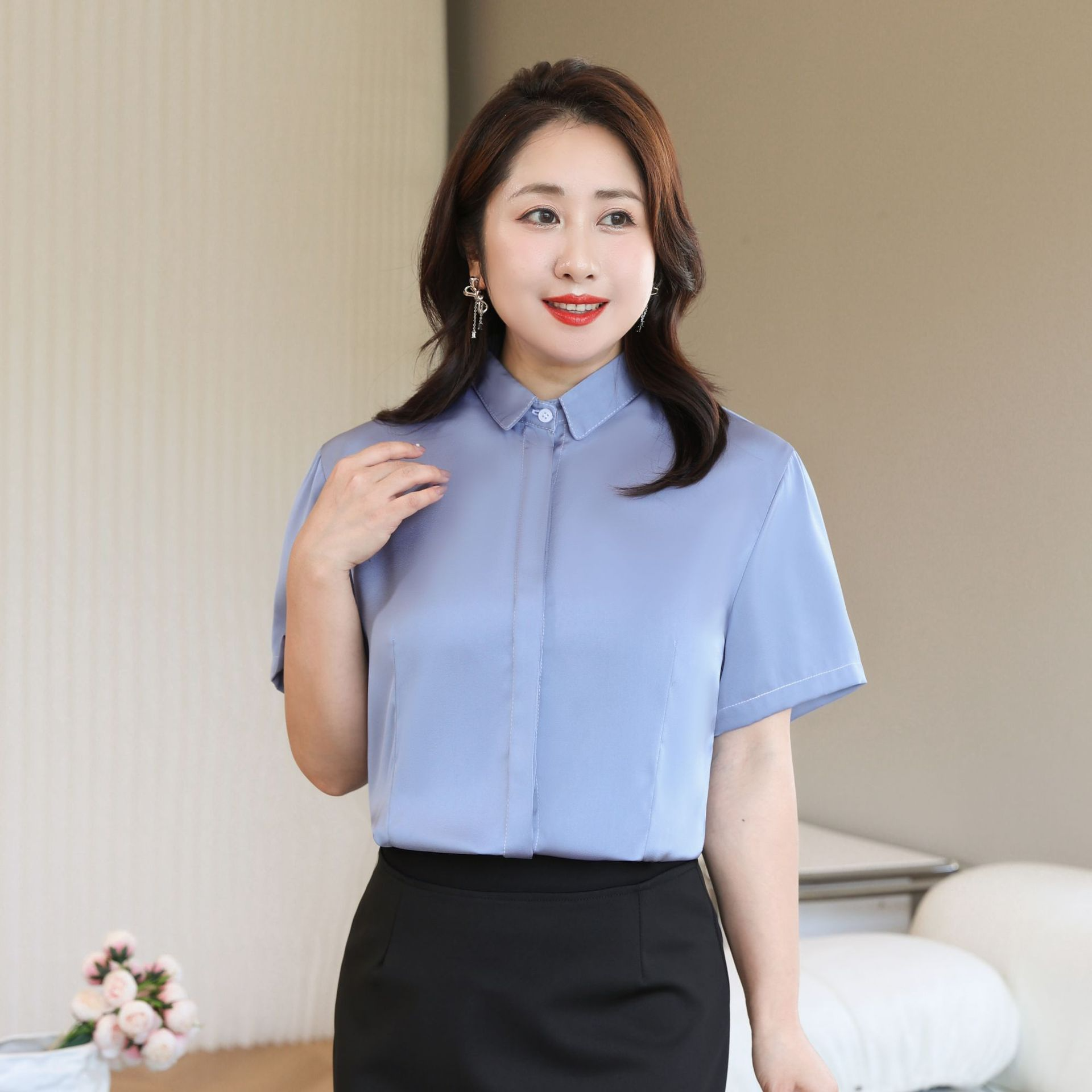 Plus Size Satin Office Short Sleeve Shirt Blouse (Extra Big Size ...