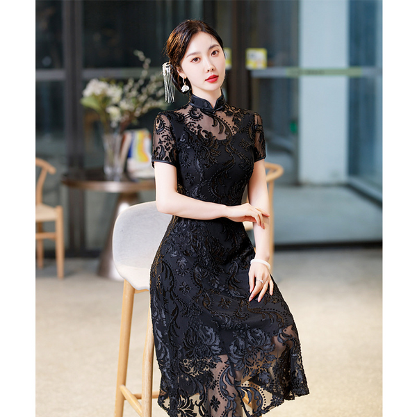 Plus Size See-Through Lace Cheongsam Dress – Pluspreorder