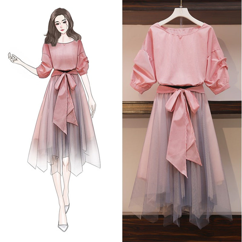 Plus Size Red Stripes Off Shoulder Blouse and Pink Ombre Tulle Skirt Set
