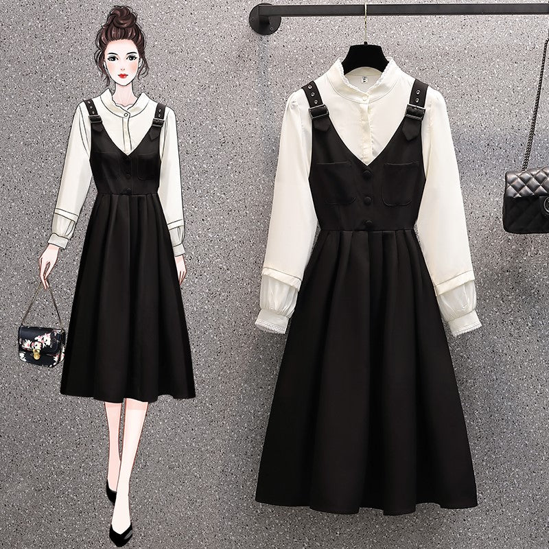 Plus Size Mandarin Collar Blouse and Buckle Pinafore Dress Set