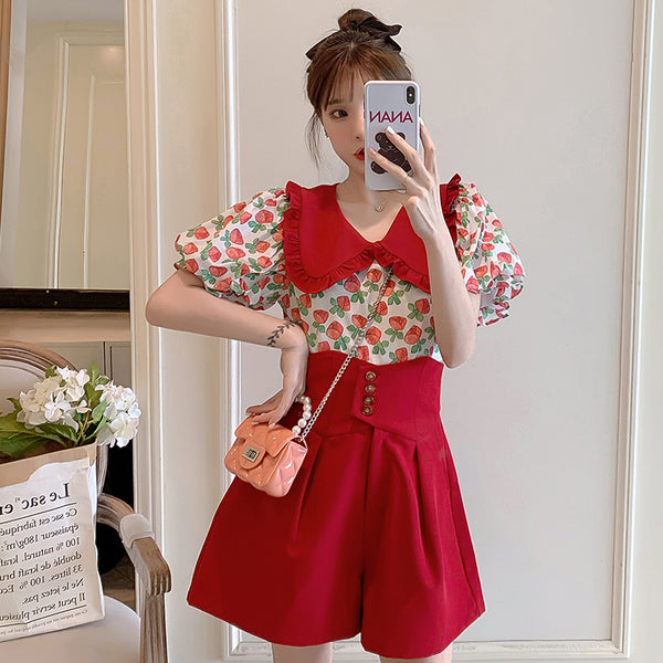 Plus Size Korean Fruit Top and Highwaist Shorts Set