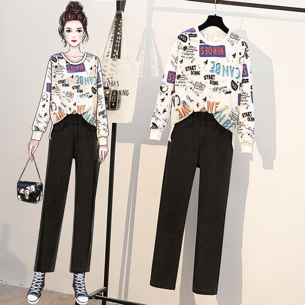 Plus Size Graffiti Sweatshirt Pullover and High Waist Pants Set