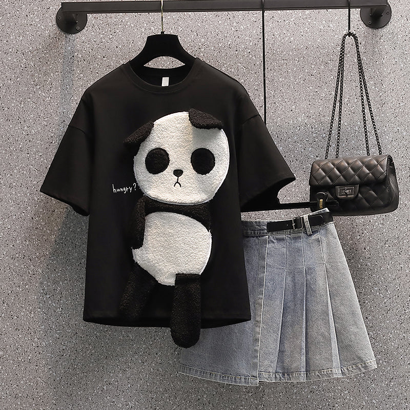 Plus Size Panda Bear T Shirt and Pleat Denim Mini Skirt Set