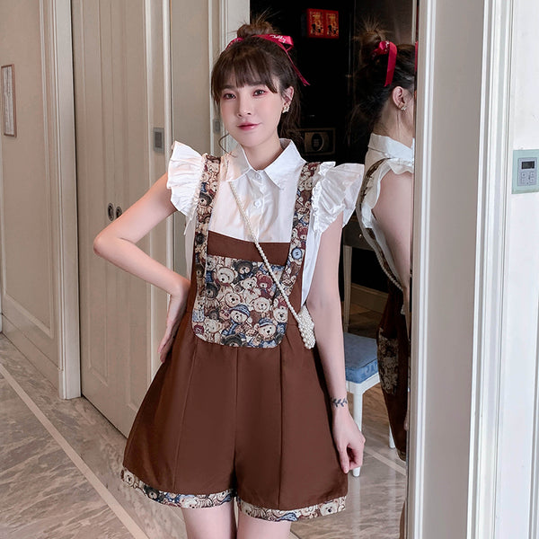 Plus Size White Frill Blouse and Bear Romper Set