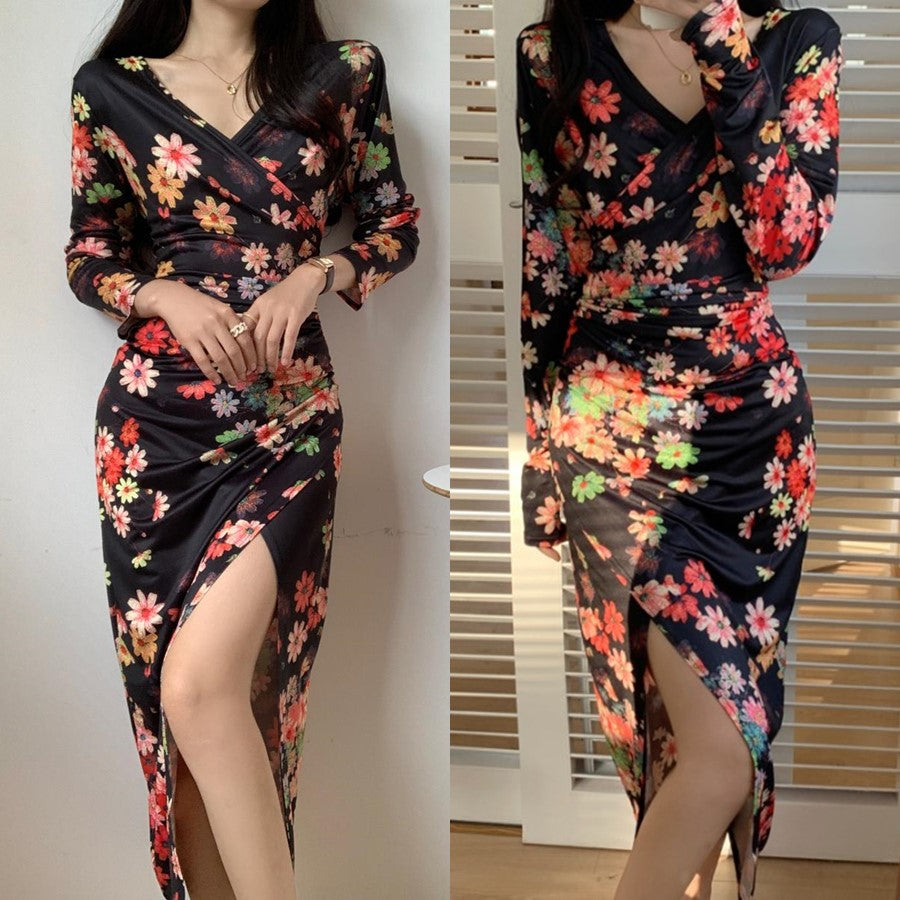 Plus Size Sexy Floral Wrap Midi Dress