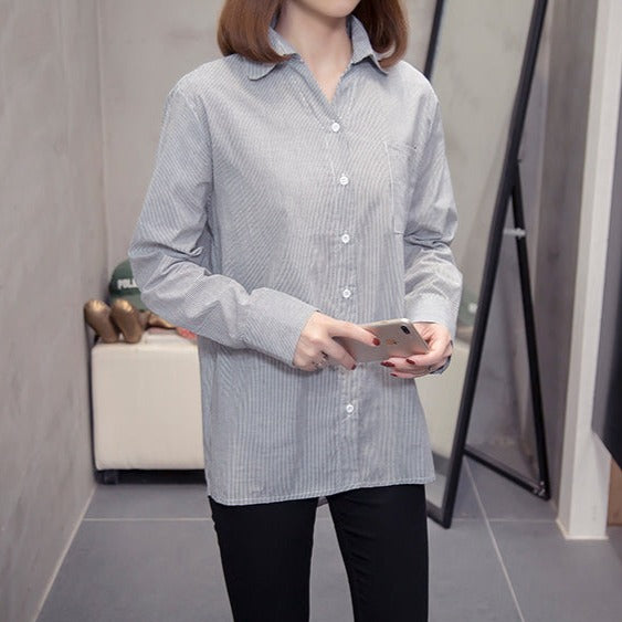 (Special Price) Plus Size Stripes Long Sleeve Shirt Blouse