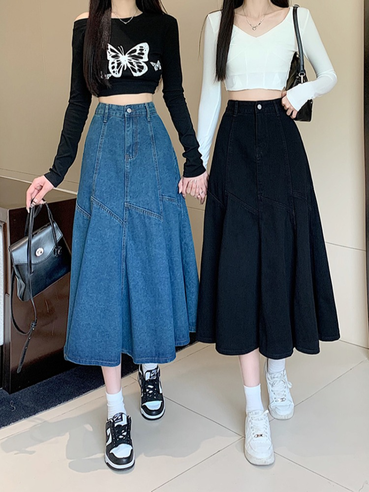 Plus Size Slant A Line Denim Skirt