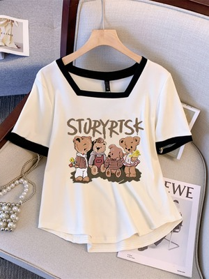 Plus Size Square Neck Bear Ringer T Shirt