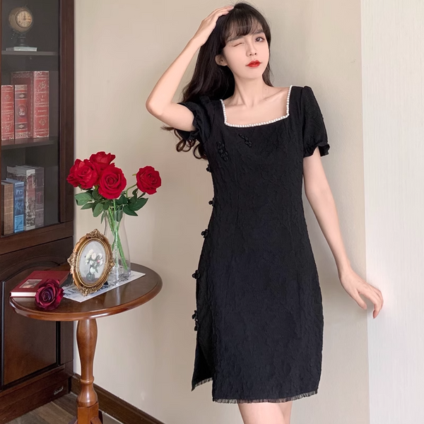 Plus Size Square Neck Black Cheongsam Dress