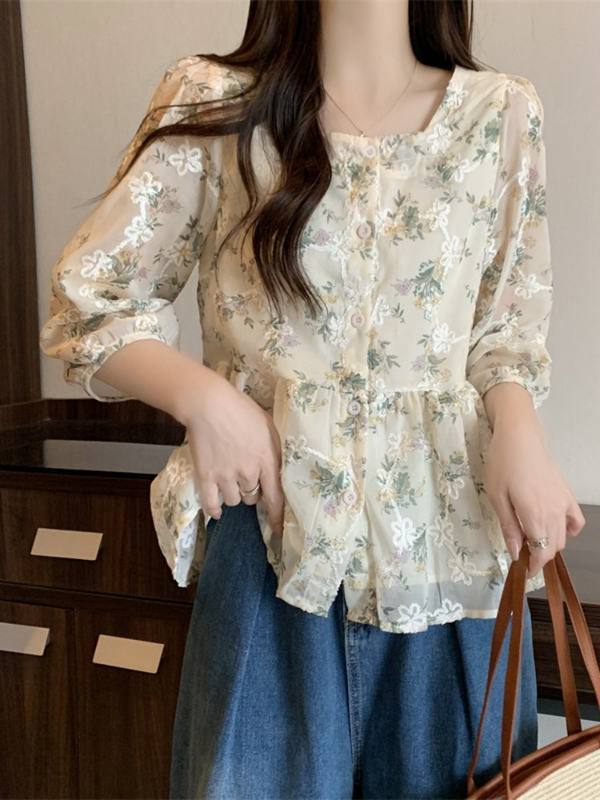 Plus Size Square Neck Peplum Floral 3/4 Sleeve Blouse