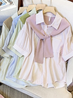 Plus Size Stripe Sweater Layer Shirt Blouse