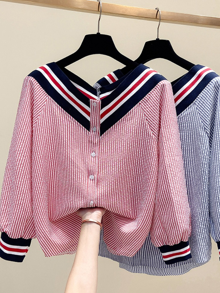 Plus Size Stripes Button V Neck Blouse