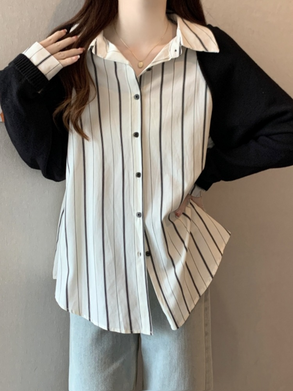 Plus Size Stripes Knit Layer Long Sleeve Shirt Blouse