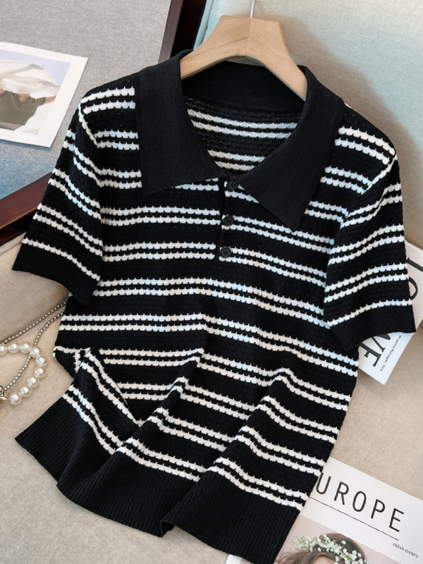 Plus Size Stripes Knit Polo T Shirt