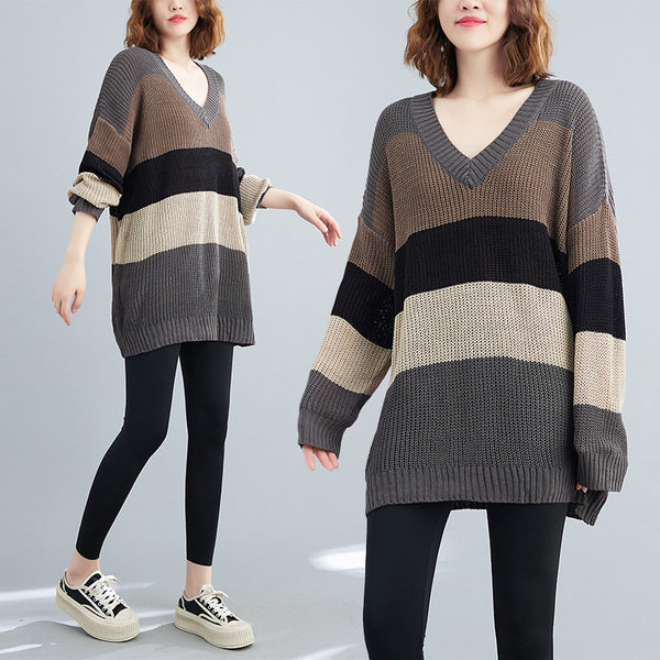 Plus Size Stripe V Neck Sweater