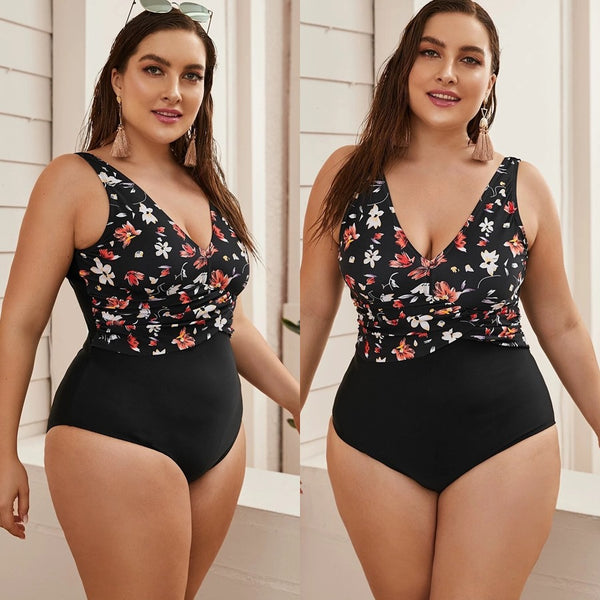 Plus Size Black Floral One Piece Swimsuit