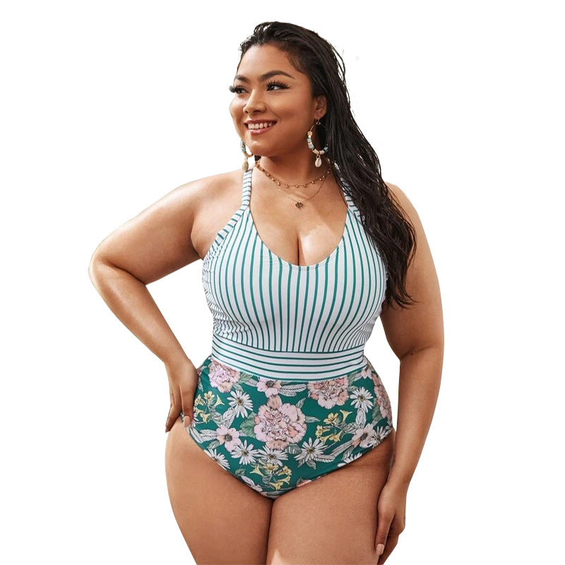 Plus Size Stripes and Floral One Piece Swimsuit